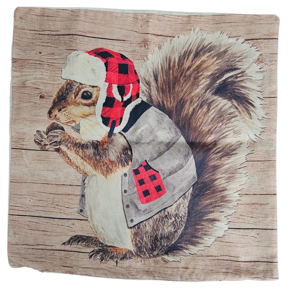 Christmas Squirrel Buffalo Plaid Rustic Canvas Throw Pillow Cover Farmhouse